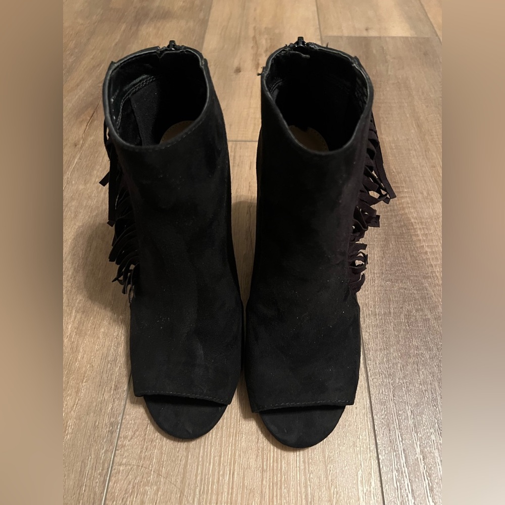 New Directions Black Fringe Peep-Toe Booties